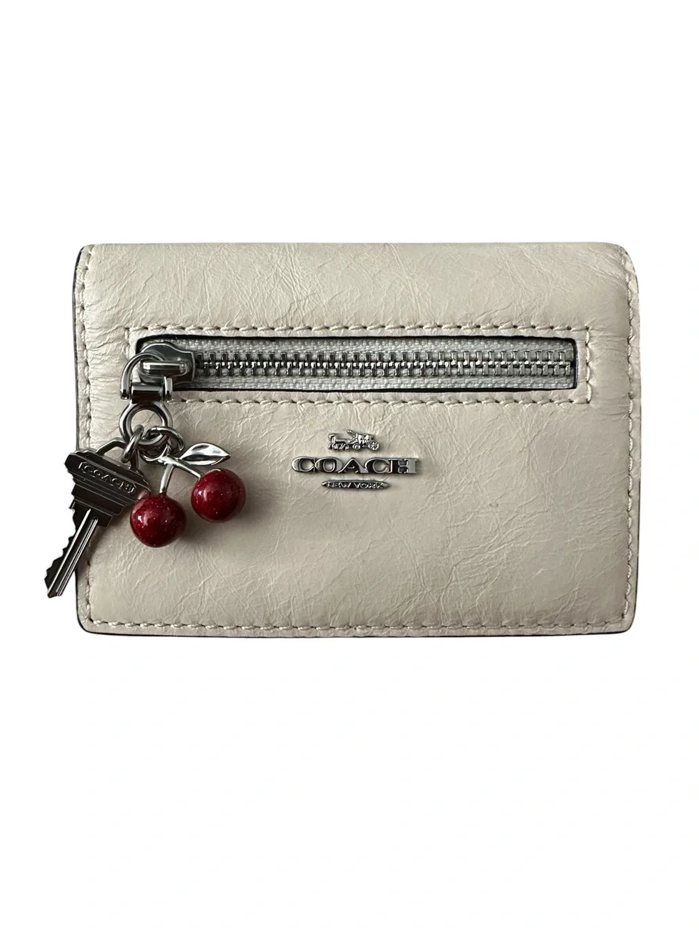 Coach Cherry And Key Charm Glazed Leather Card Case Wallet – Chalk White (NWT)**